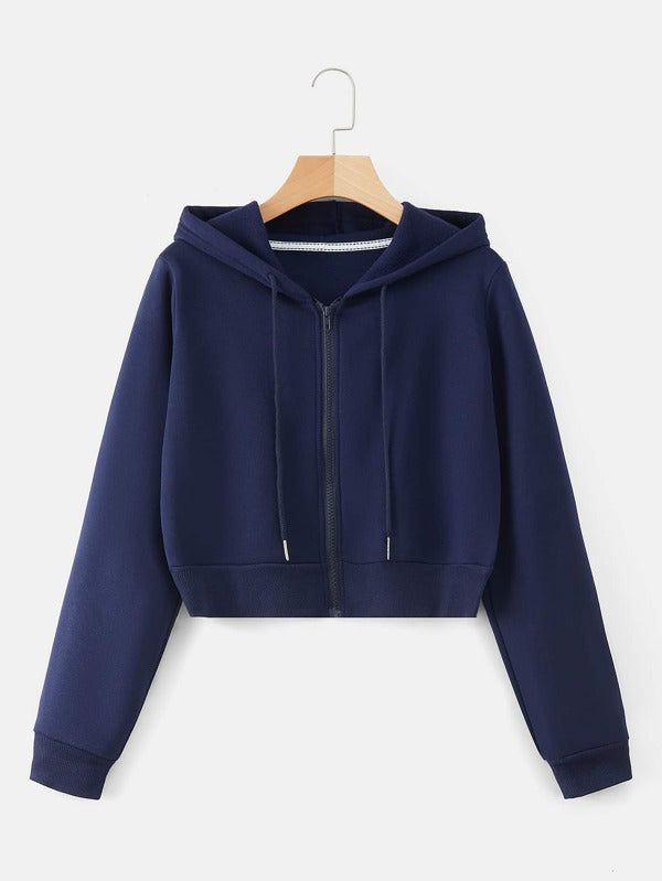 Moletom Cropped Com Capuz E Zíper Frontal Casual