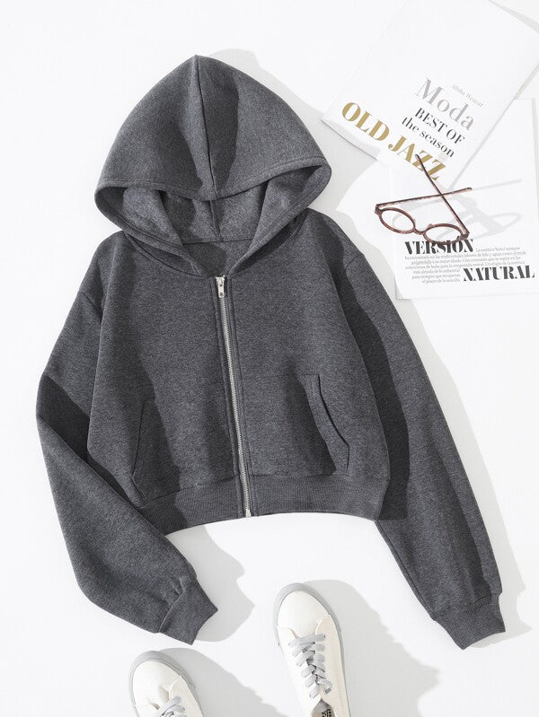 Moletom Cropped Com Capuz E Bolso Canguru Com Zíper