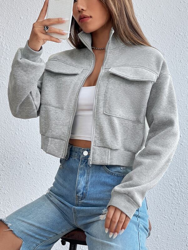 Moletom Cropped Com Zíper E Bolsos Frontais