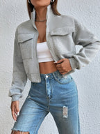 Moletom Cropped Com Zíper E Bolsos Frontais