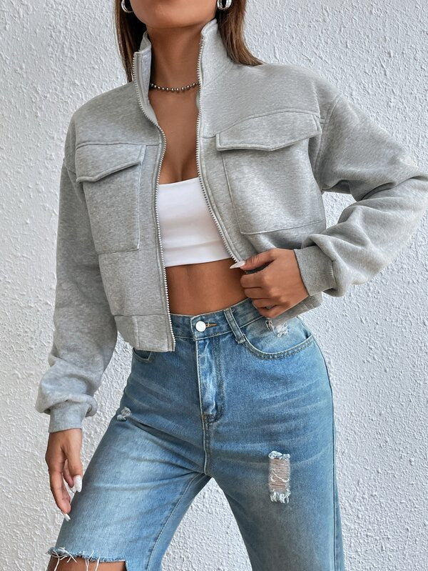 Moletom Cropped Com Zíper E Bolsos Frontais