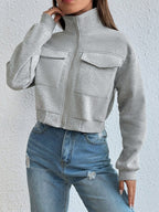 Moletom Cropped Com Zíper E Bolsos Frontais