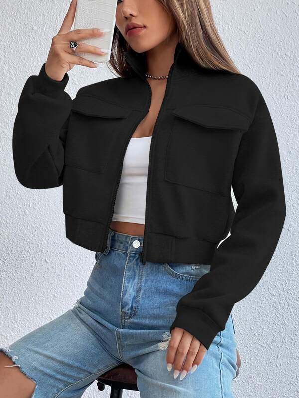 Moletom Cropped Com Zíper E Bolsos Frontais