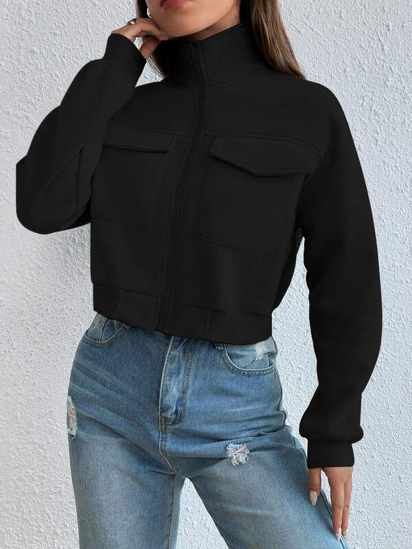 Moletom Cropped Com Zíper E Bolsos Frontais
