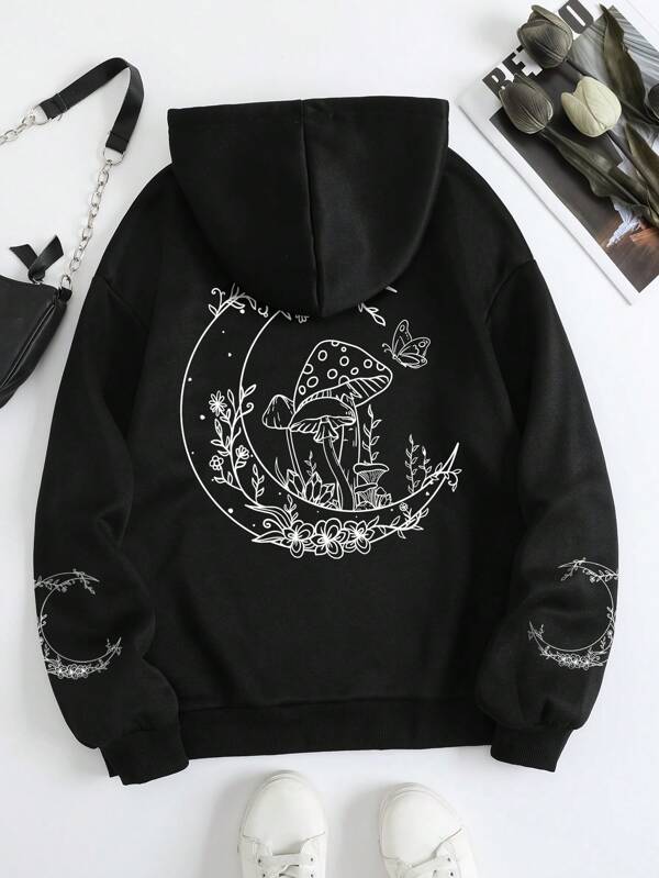 Moletom Com Capuz Estampa Cogumelo Nas Costas Casual