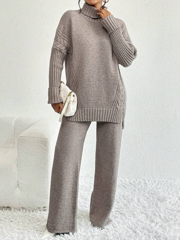 Conjunto Tricot Gola Alta Com Blusa Alongada E Calça Pantalona