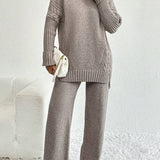 Conjunto Tricot Gola Alta Com Blusa Alongada E Calça Pantalona