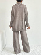Conjunto Tricot Gola Alta Com Blusa Alongada E Calça Pantalona