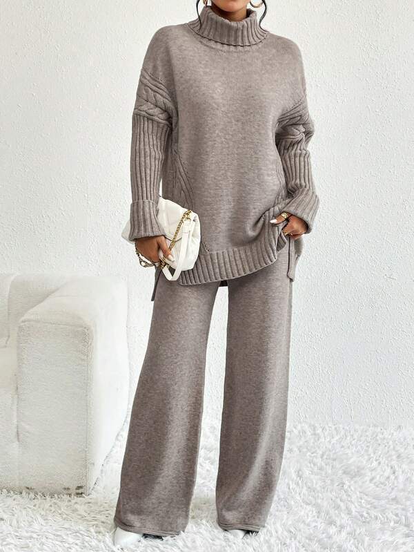 Conjunto Tricot Gola Alta Com Blusa Alongada E Calça Pantalona
