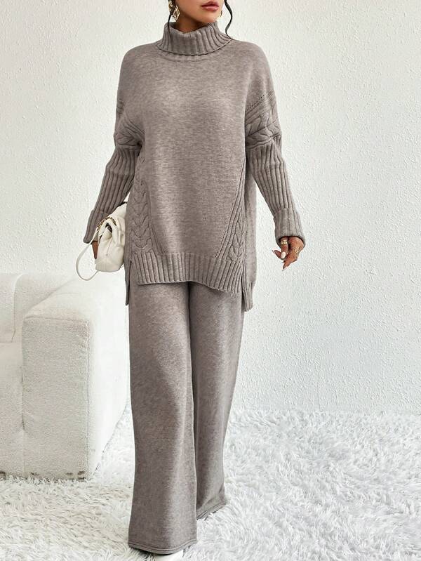 Conjunto Tricot Gola Alta Com Blusa Alongada E Calça Pantalona