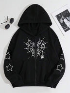 Moletom Com Capuz E Zíper Frontal Com Estampa De Teia Casual