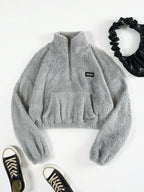 Moletom Cropped Peluciado Com Zíper E Bolso Canguru