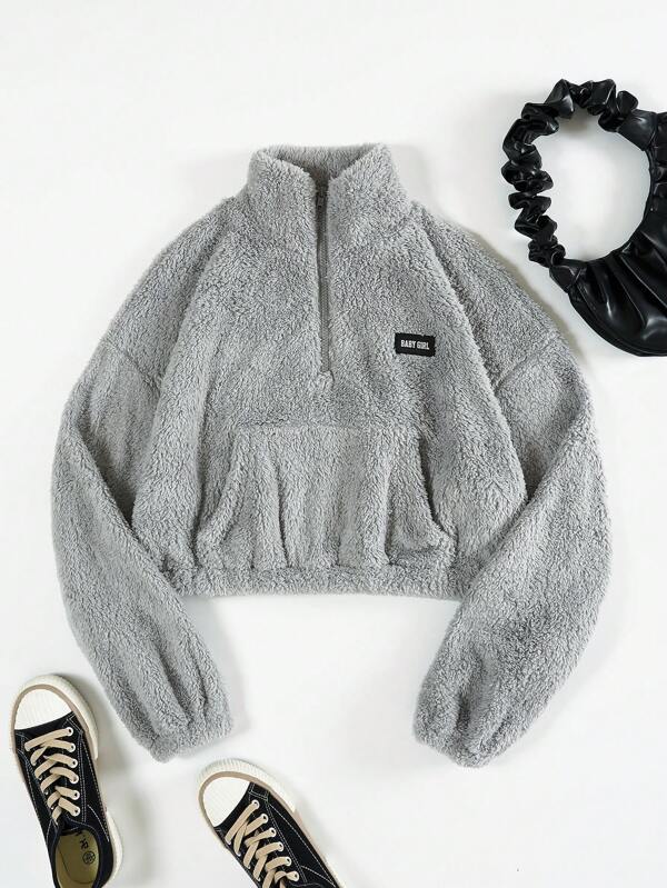 Moletom Cropped Peluciado Com Zíper E Bolso Canguru