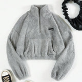 Moletom Cropped Peluciado Com Zíper E Bolso Canguru