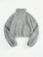 Moletom Cropped Peluciado Com Zíper E Bolso Canguru