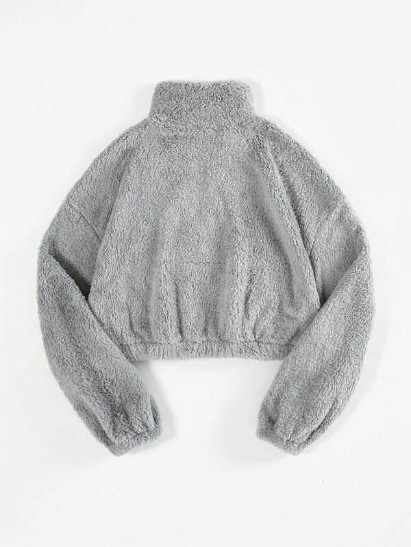 Moletom Cropped Peluciado Com Zíper E Bolso Canguru