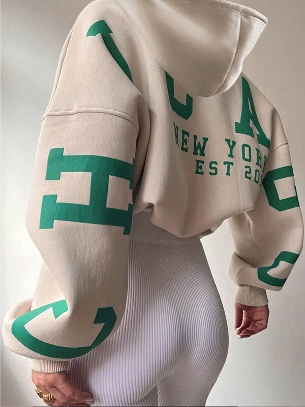 Moletom Cropped Com Capuz Estampa Universitária Nas Costas Casual
