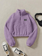 Moletom Cropped Peluciado Com Zíper E Bolso Canguru