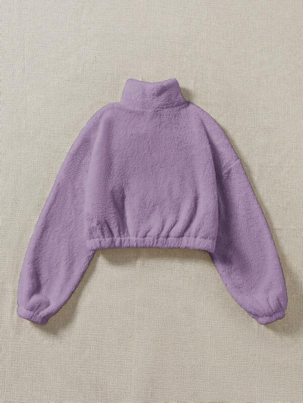 Moletom Cropped Peluciado Com Zíper E Bolso Canguru