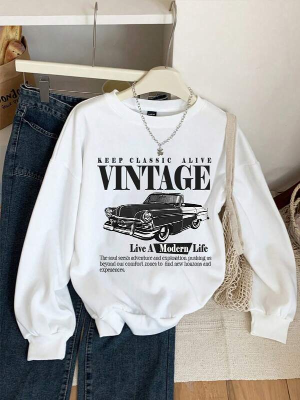Moletom Gola Careca Com Estampa Carro Vintage Retrô Casual