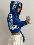 Moletom Cropped Com Capuz E Zíper Frontal Estampa Escrita Gothic