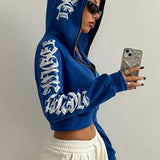 Moletom Cropped Com Capuz E Zíper Frontal Estampa Escrita Gothic