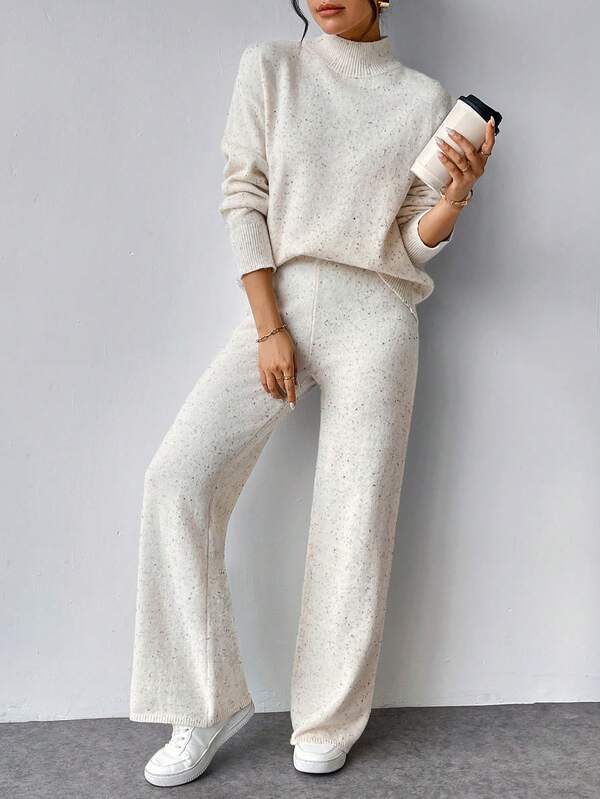 Conjunto Tricot Gola Alta Com Blusa Solta E Calça Pantalona