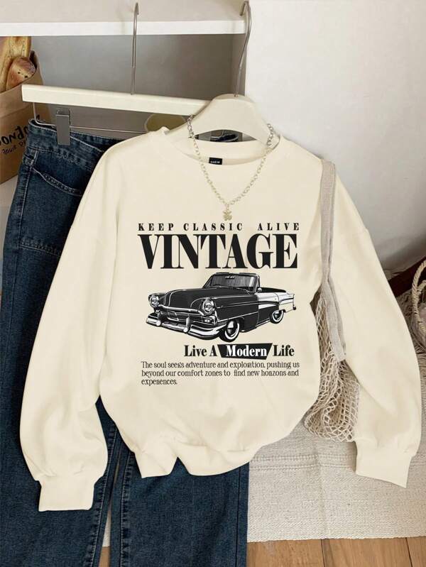 Moletom Gola Careca Com Estampa Carro Vintage Retrô Casual