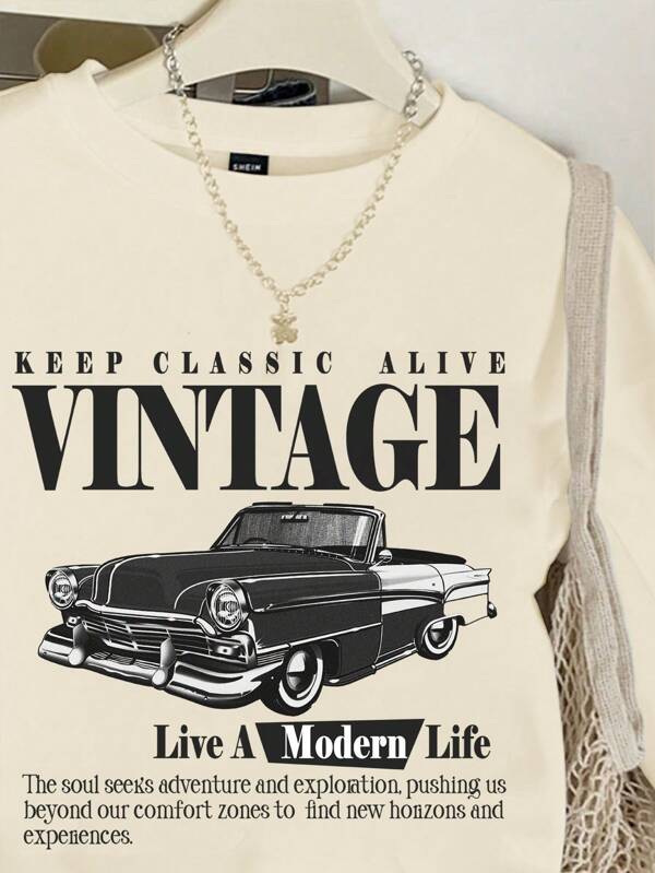 Moletom Gola Careca Com Estampa Carro Vintage Retrô Casual