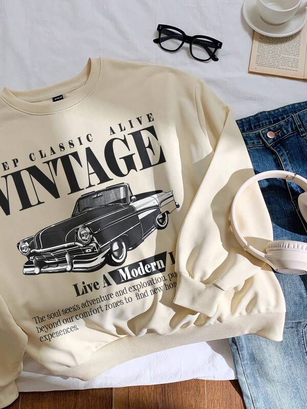 Moletom Gola Careca Com Estampa Carro Vintage Retrô Casual