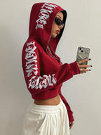 Moletom Cropped Com Capuz E Zíper Frontal Estampa Escrita Gothic