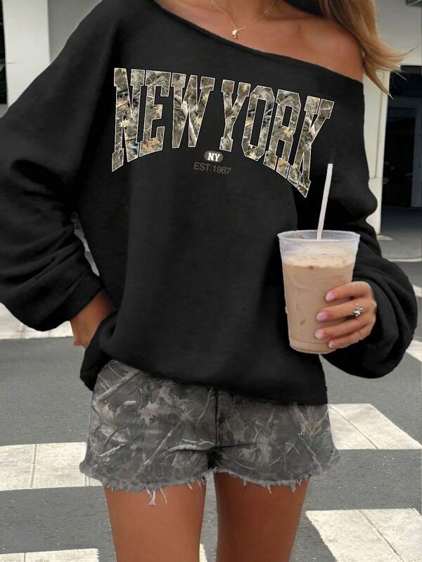 Moletom Ombro A Ombro Estampa New York Camuflada Casual