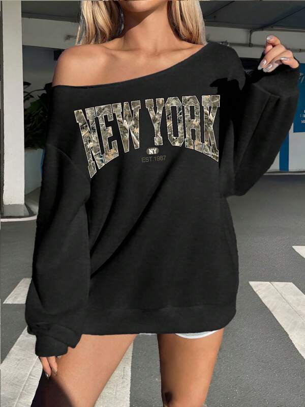 Moletom Ombro A Ombro Estampa New York Camuflada Casual