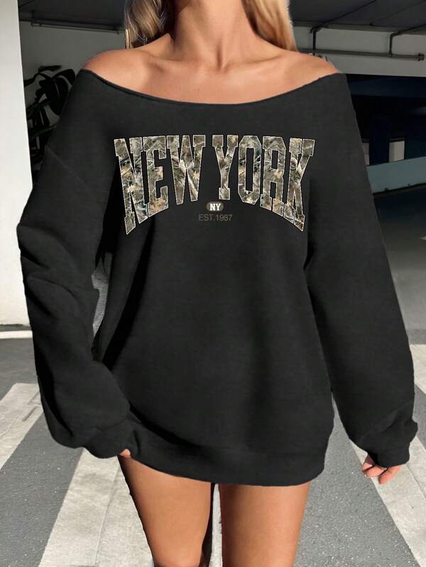 Moletom Ombro A Ombro Estampa New York Camuflada Casual