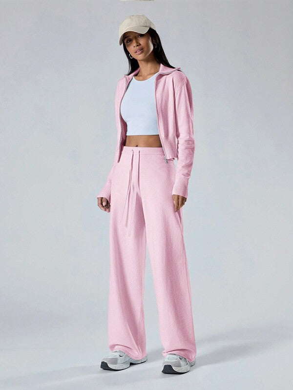 Conjunto Tricot Canelado Com Jaqueta Ajustada E Calça Pantalona