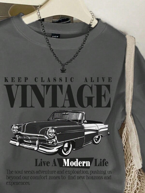 Moletom Gola Careca Com Estampa Carro Vintage Retrô Casual