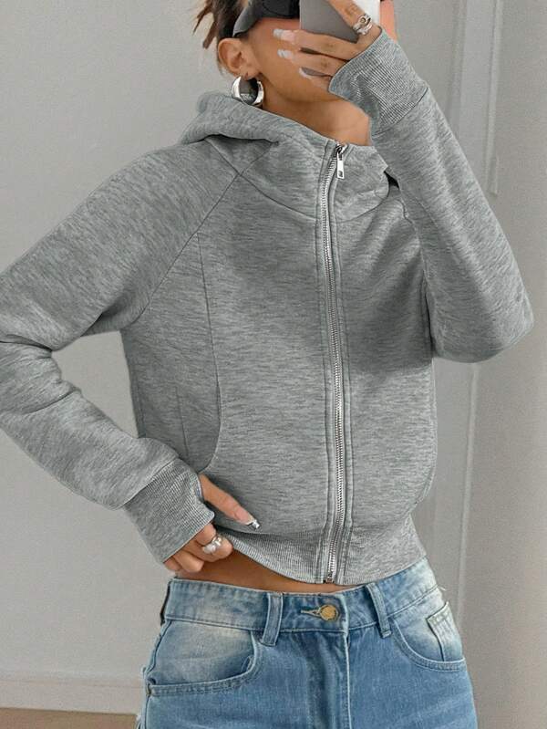 Moletom Cropped Com Zíper Capuz E Recortes