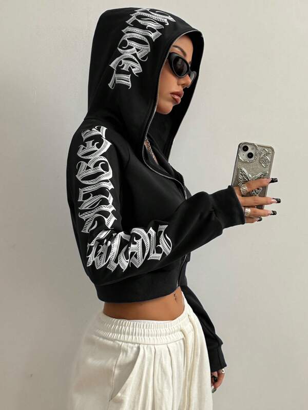 Moletom Cropped Com Capuz E Zíper Frontal Estampa Escrita Gothic