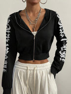 Moletom Cropped Com Capuz E Zíper Frontal Estampa Escrita Gothic