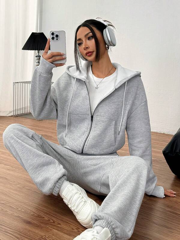 Conjunto Moletom Básico Com Jaqueta De Capuz E Calça Jogger Casual