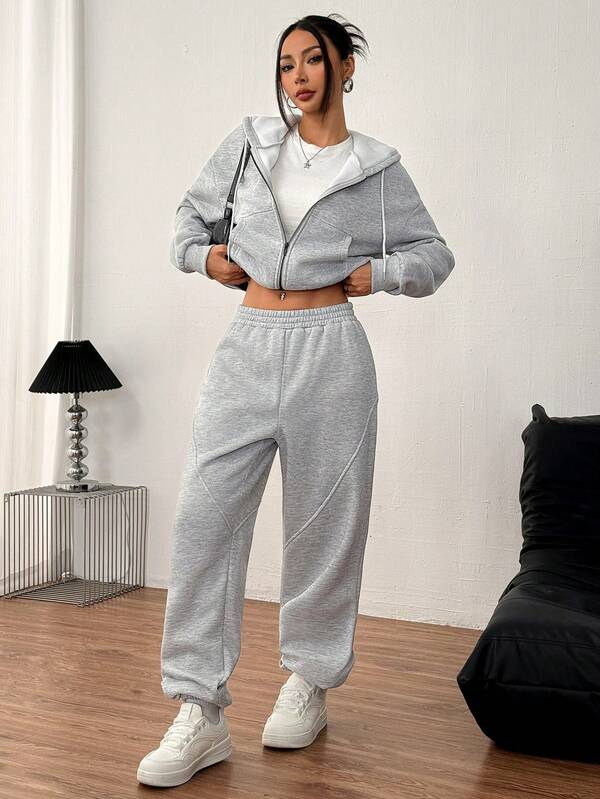 Conjunto Moletom Básico Com Jaqueta De Capuz E Calça Jogger Casual