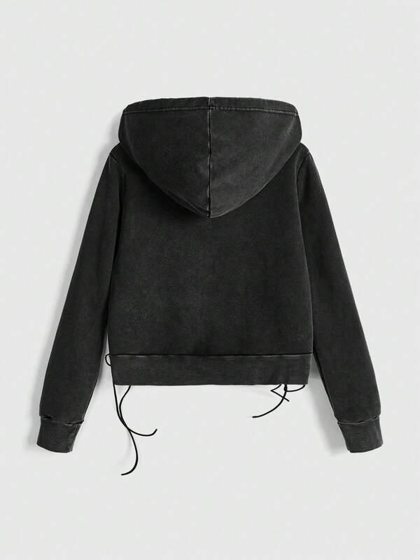 Moletom Com Capuz Com Zíper E Amarração Lateral Casual
