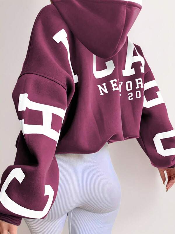 Moletom Cropped Com Capuz Estampa Universitária Nas Costas Casual
