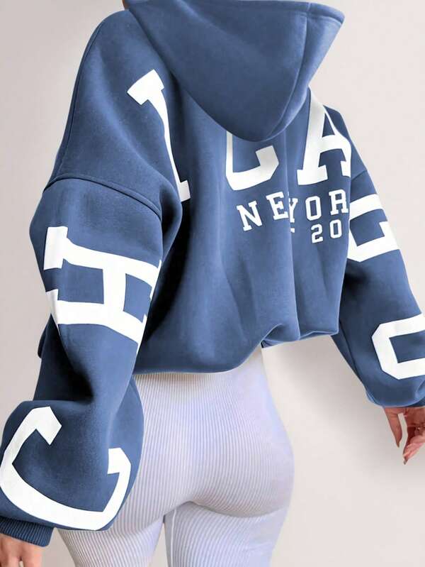 Moletom Cropped Com Capuz Estampa Universitária Nas Costas Casual