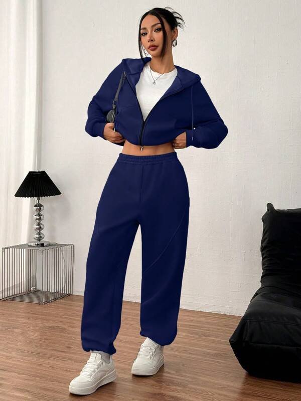 Conjunto Moletom Básico Com Jaqueta De Capuz E Calça Jogger Casual