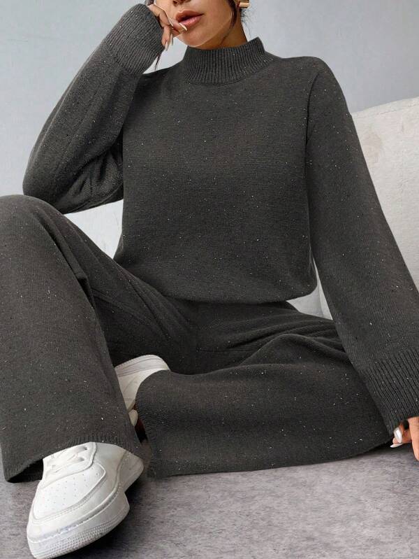Conjunto Tricot Gola Alta Com Blusa Solta E Calça Pantalona