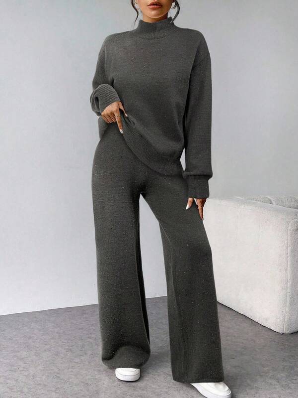 Conjunto Tricot Gola Alta Com Blusa Solta E Calça Pantalona