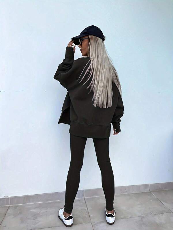 Conjunto Moletom Oversized Com Blusa Alongada E Calça Legging Casual