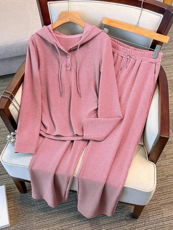 Conjunto Canelado Com Blusa De Capuz E Calça Reta Casual