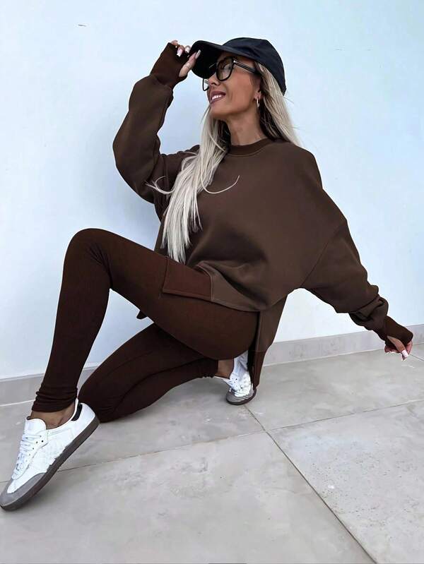 Conjunto Moletom Oversized Com Blusa Alongada E Calça Legging Casual